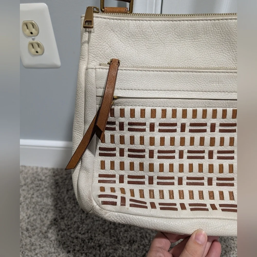Fossil Corey Cream, Tan & Brown Cross Stitch Large Crossbody Bag